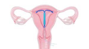 자궁 내 장치(IUD)의 의학적 구조와 위치를 보여주는 3D 일러스트