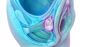 바르톨린샘의 해부학적 위치와 낭종 형성 원리를 설명하는 3D 의학 일러스트