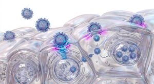 단순포진 바이러스의 증식 기전과 신경절 잠복을 시각화한 3D 일러스트