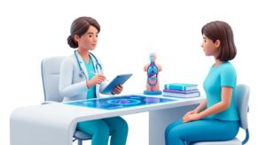 전문 의료진과 환자의 상담 장면을 3D 일러스트로 표현한 이미지