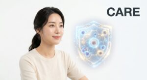 면역력 강화와 회복을 상징하는 비주얼과 평온한 표정의 동양인 여성 모델