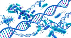 현미경과 DNA 구조를 형상화한 의학 3D 일러스트